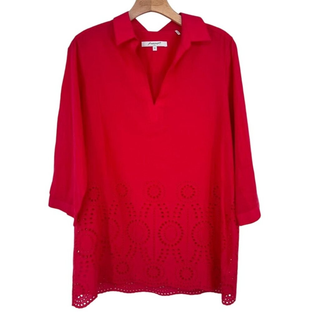 Foxcroft Red Tunic Top embroidered Eyelet Hem Size 10 Cotton popover